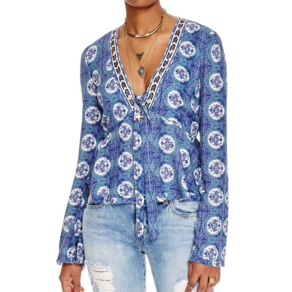 Free People Time of Your Life Bohemian Bell Sleeve Blue Printed Top